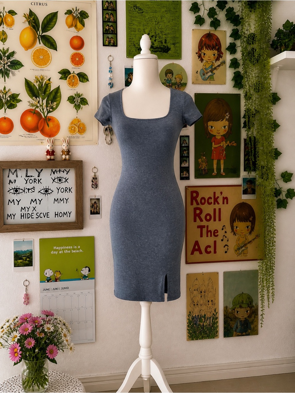 Square-Neck Bodycon Dress in Heather Blue